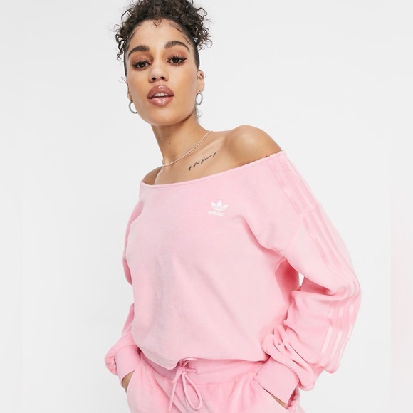adidas Tops - adidas Ladies Relaxed Risqué velour off the shoulder sweatshirt-Vibrant pink